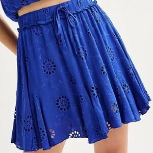 Rewind Blue Eyelet Tie Waist Mini Skirt Medium